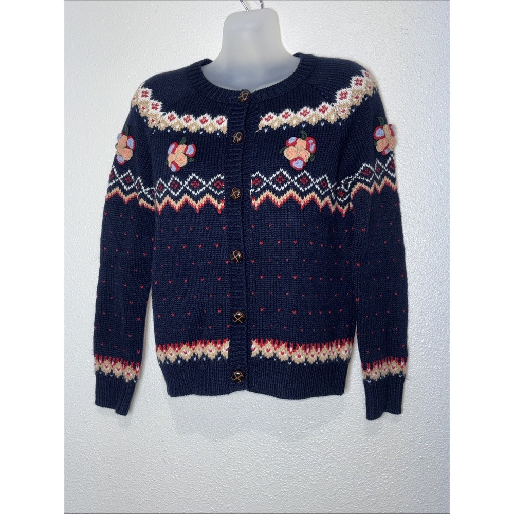 Mak B Vintage Knit Cardigan Sweater Floral Embroidery Rustic Buttons Size Small